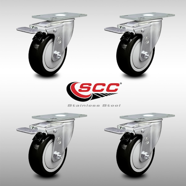4 Inch SS Black Polyurethane Top Plate Caster Set Total Lock Brake SCC